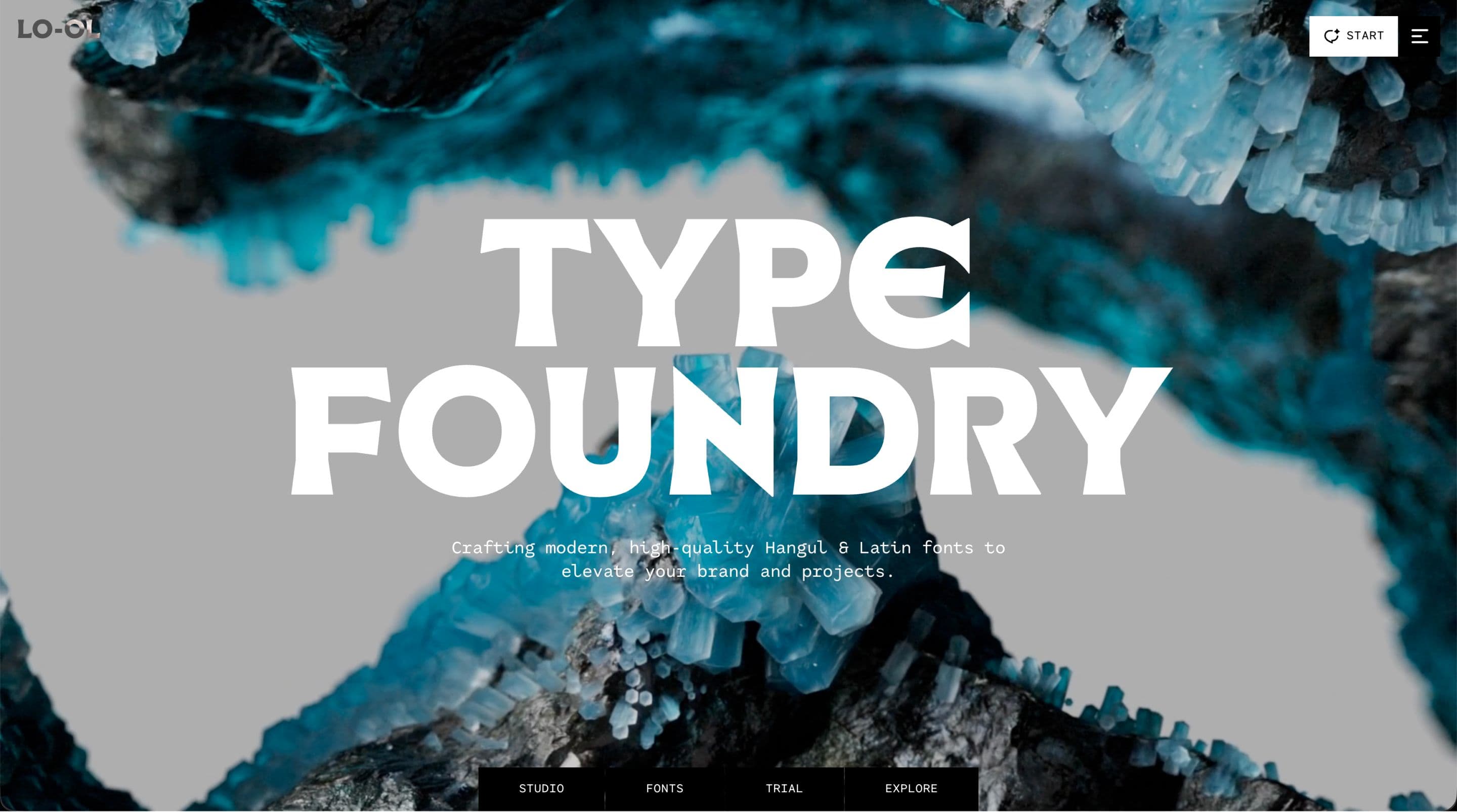 LO-OL home page: TYPE FOUNDRY over a crystal image, with Studio, Fonts, Trial and Explore