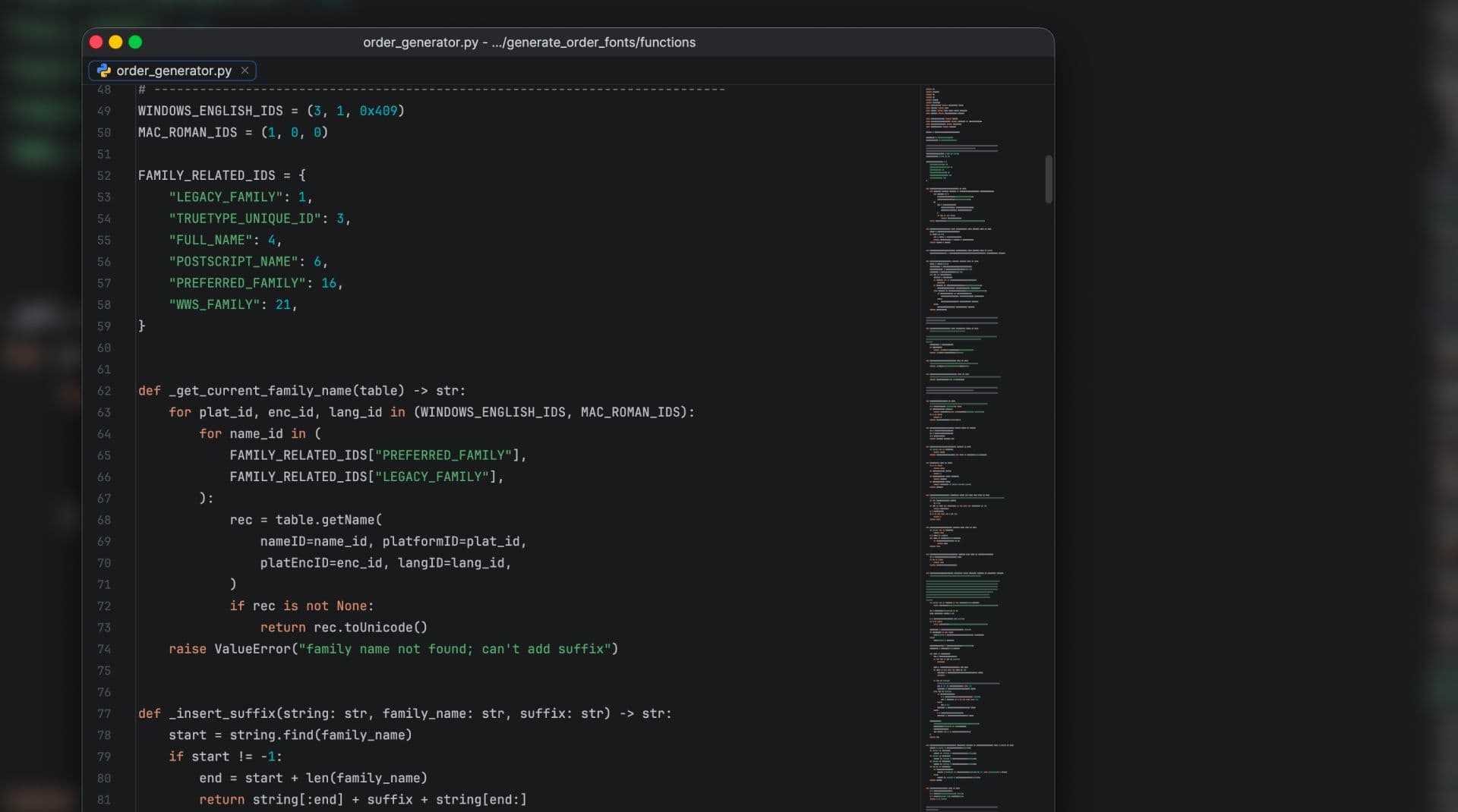 Python code from order_generator.py that reads and renames OpenType family name records