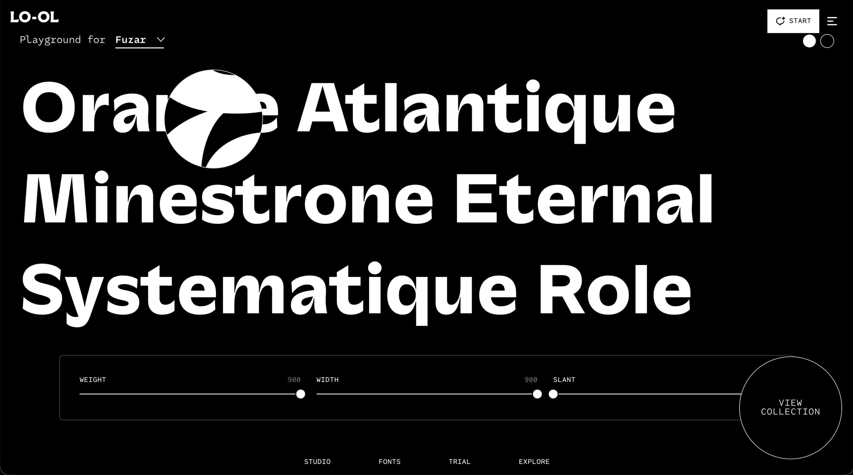 Playground for Fuzar: live sample text with weight, width and slant sliders