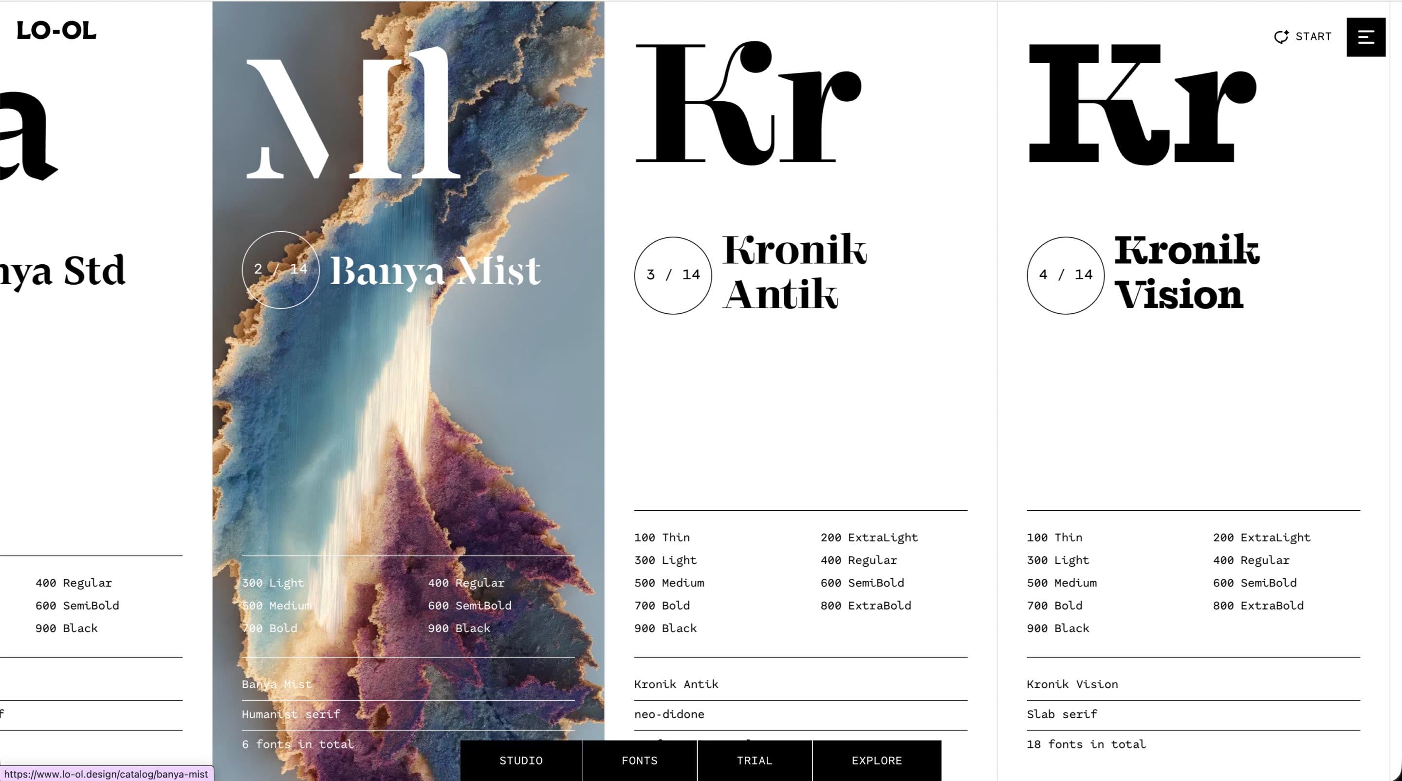 Font catalog with one column per family, such as Banya Mist, Kronik Antik and Kronik Vision, listing their weights
